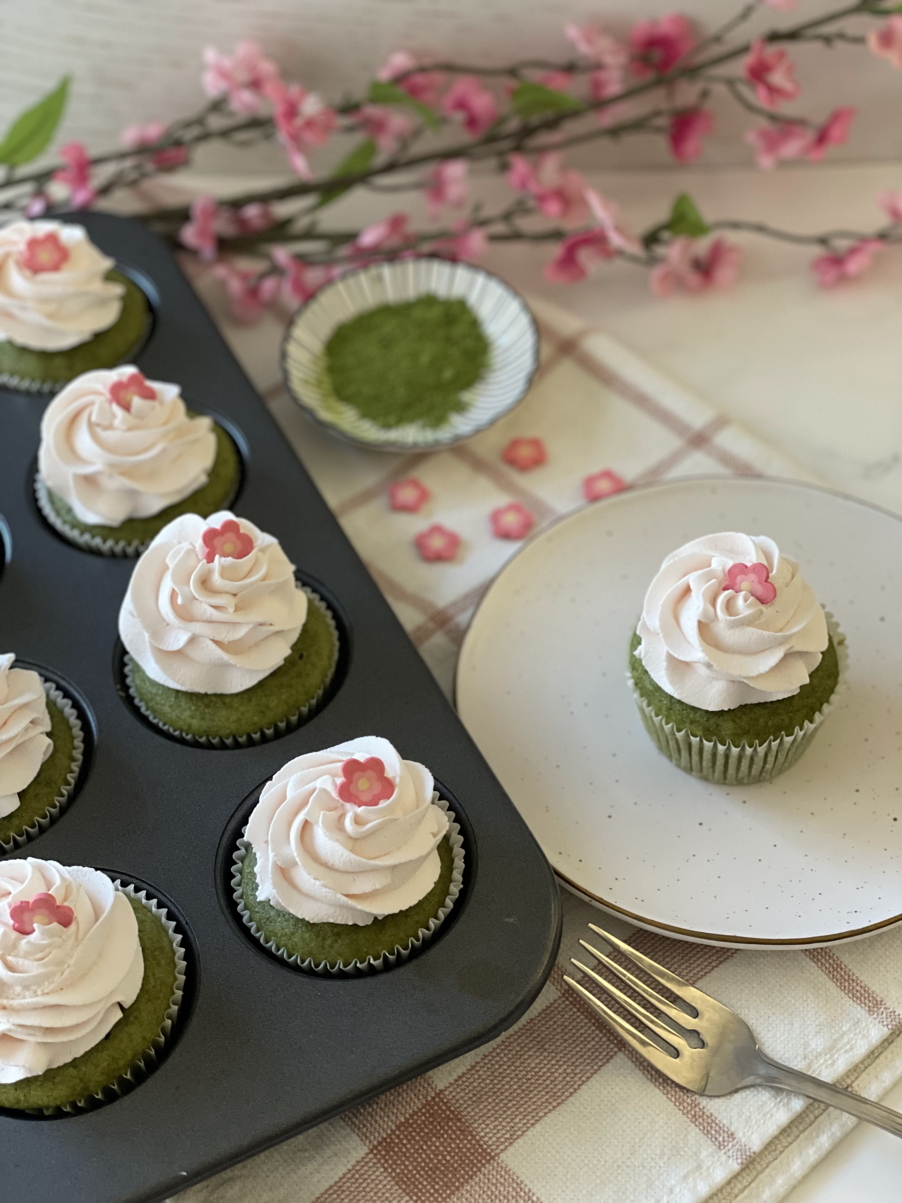Gluten Free Matcha Cupcakes with Sakura Whipped Cream