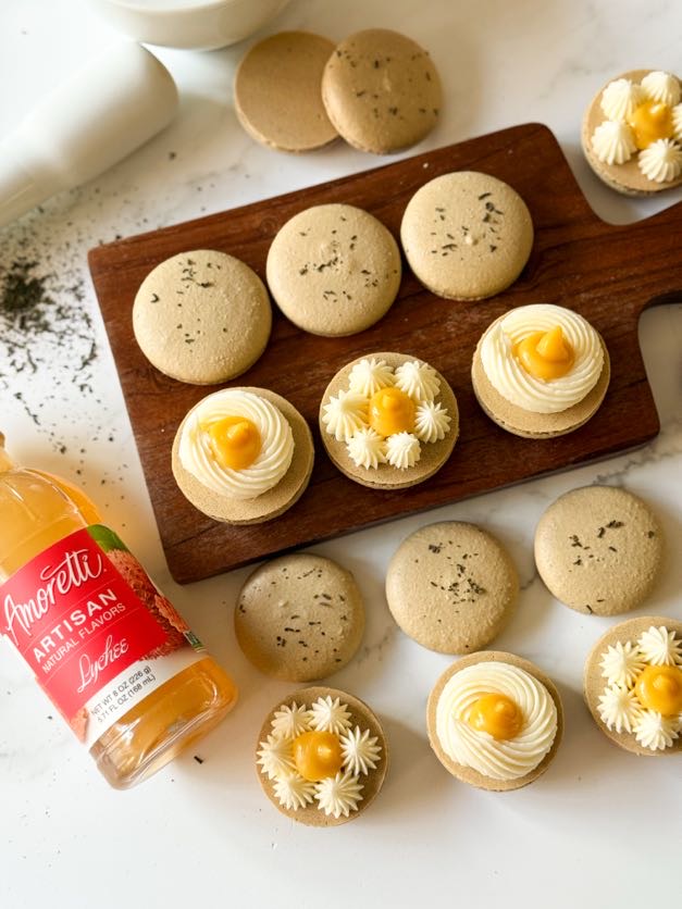 Oolong Macarons with Lychee Buttercream & Passionfruit Curd
