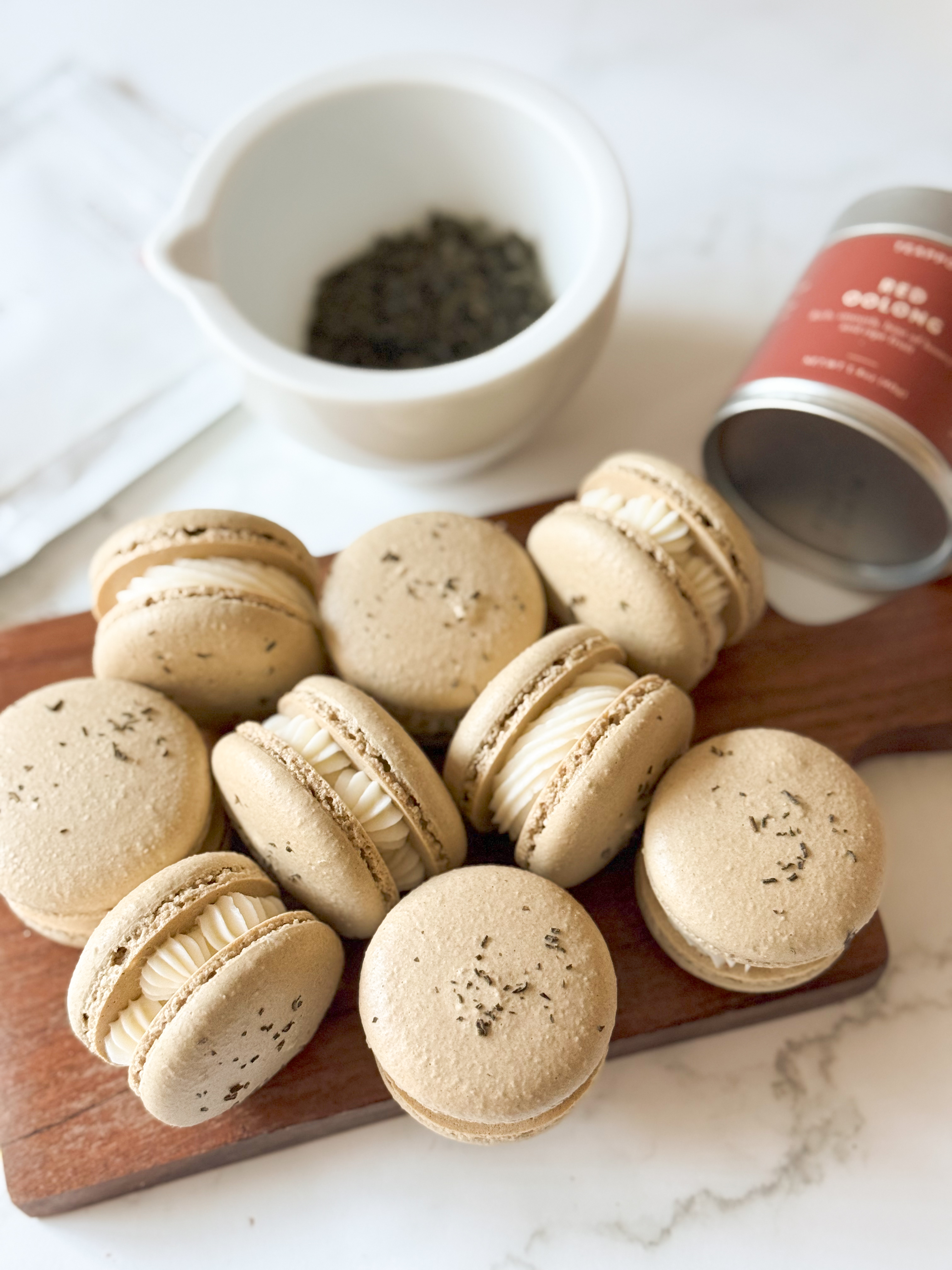 Oolong Macarons with Lychee Buttercream & Passionfruit Curd