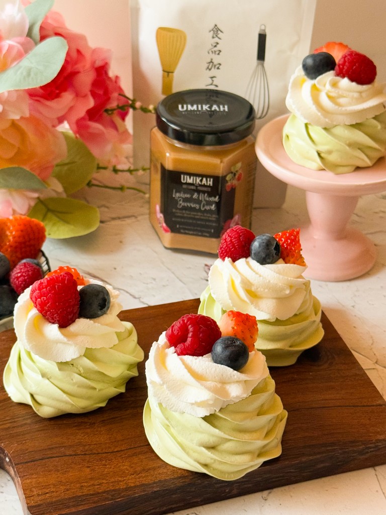 Matcha Mini Pavlova with Lychee & Mixed Berries Curd