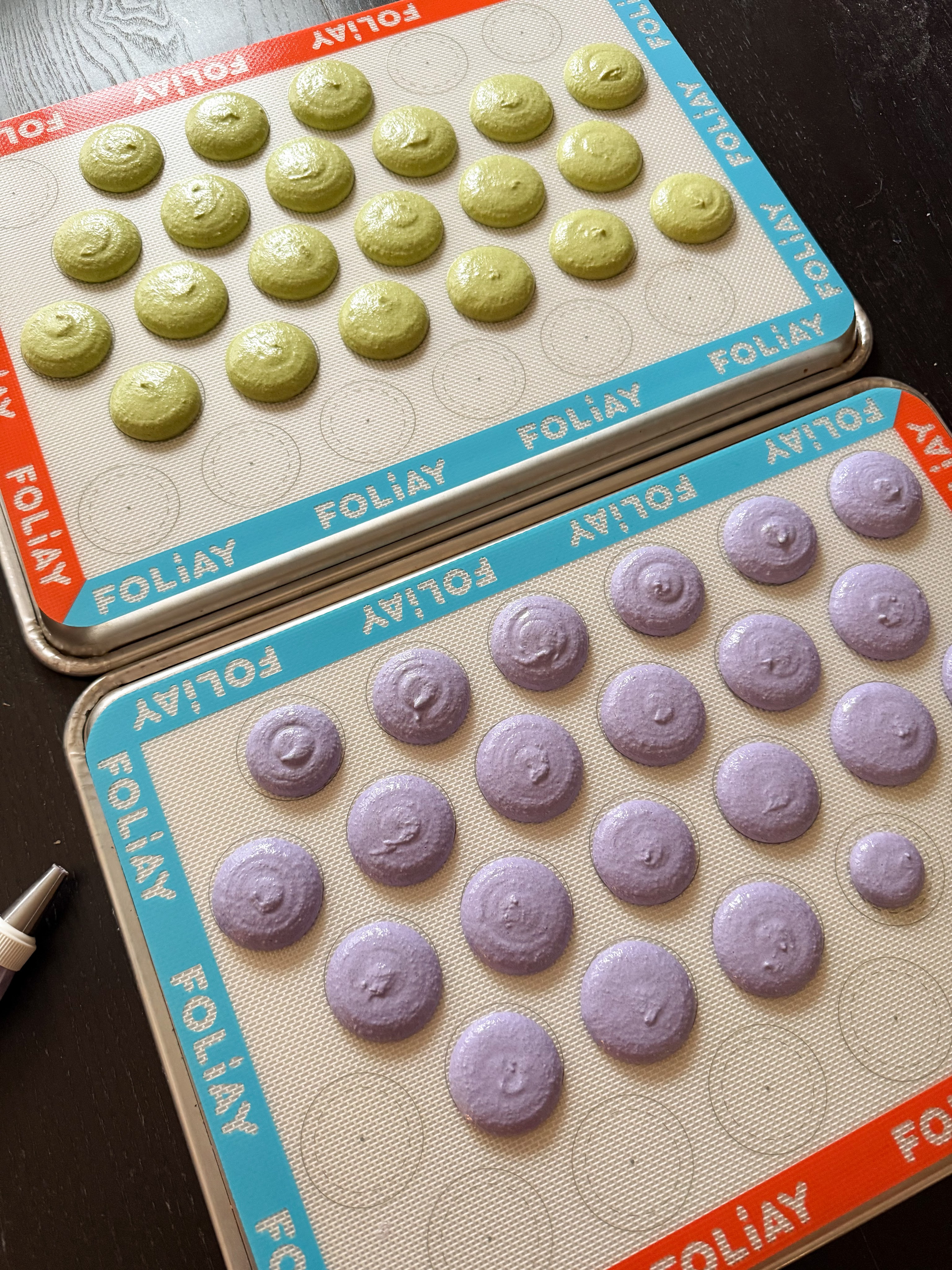 before bake Matcha and lavender macarons shells