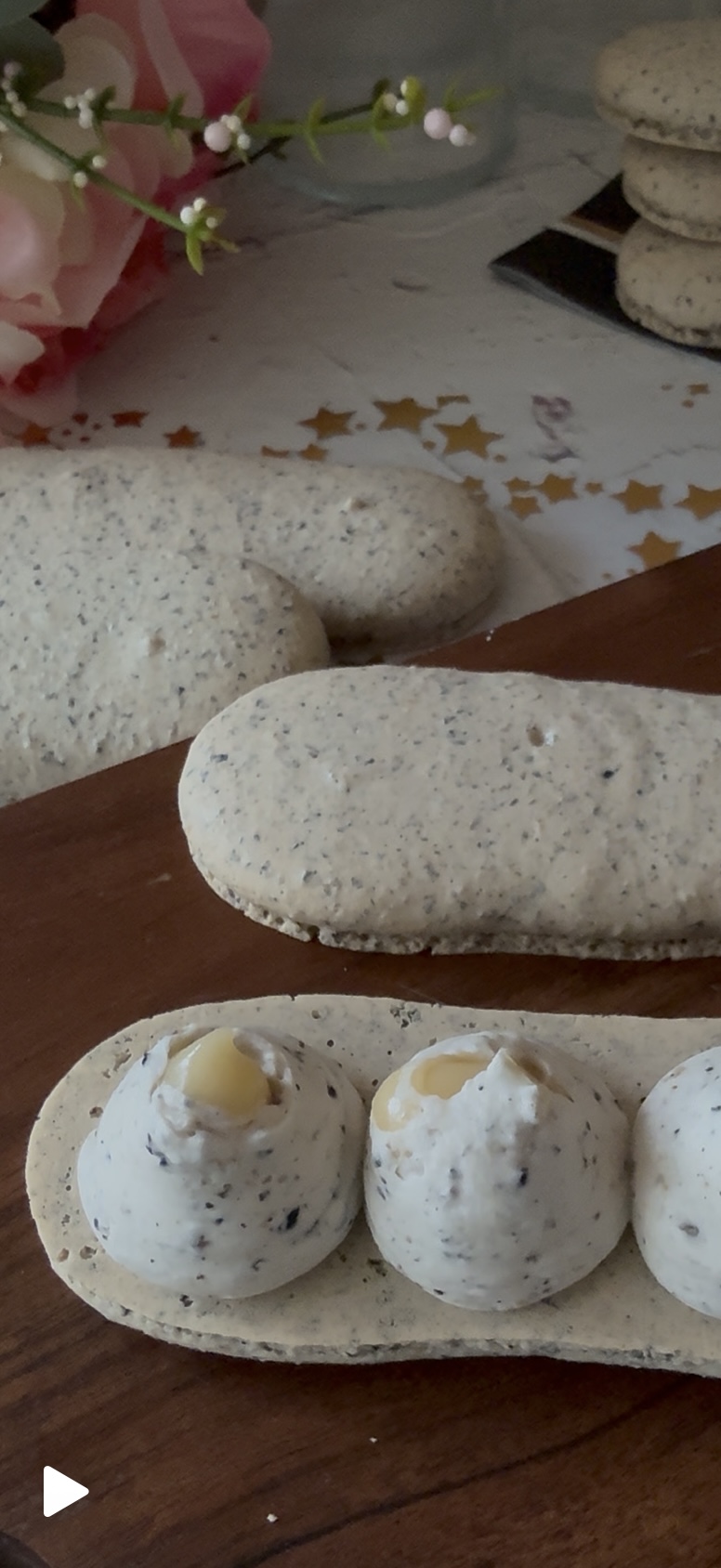 Black Sesame Yuzu Eclair Macarons with Black Sesame Whipped Ganache