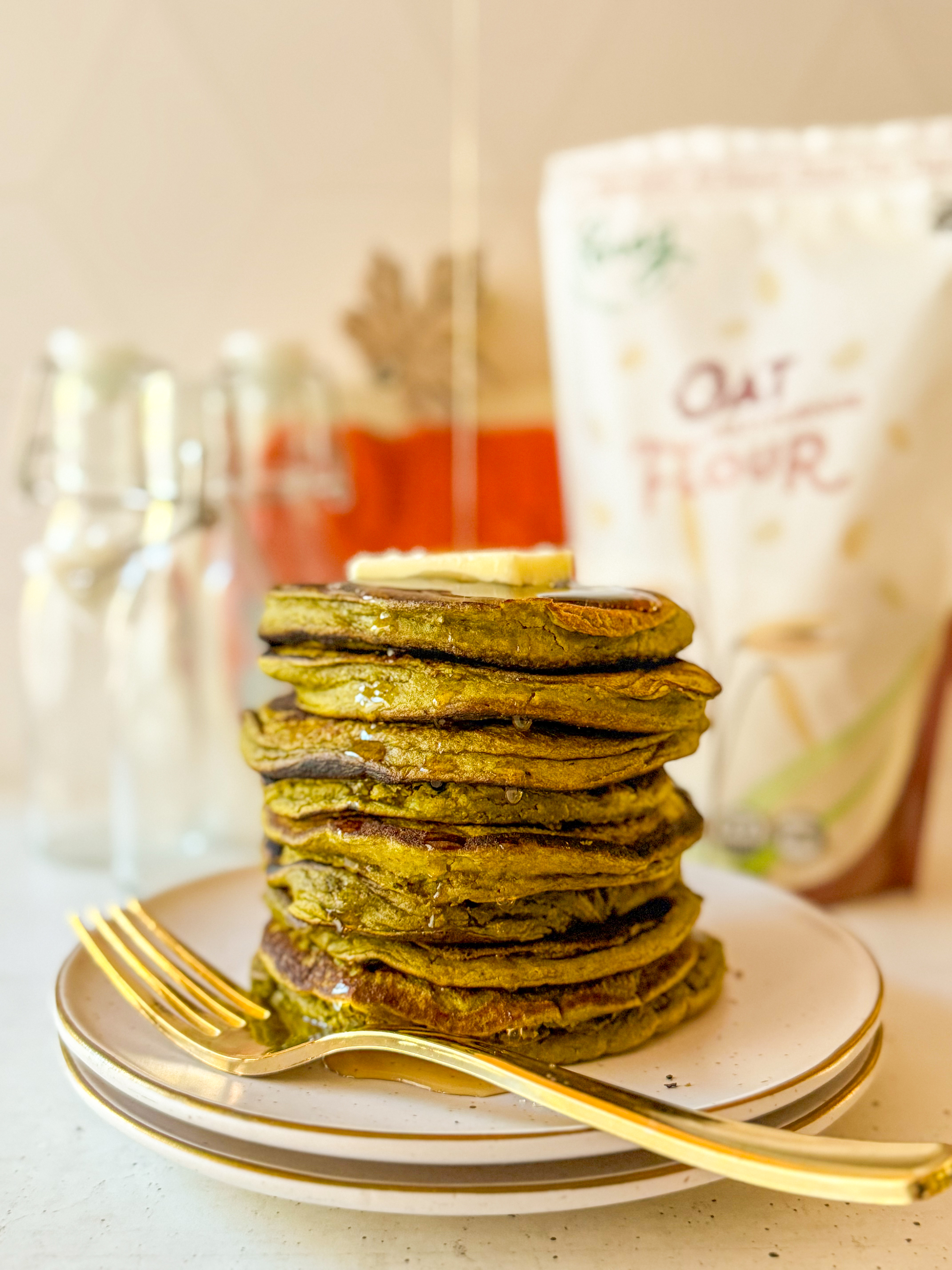 Oat Flour Matcha Pumpkin Pancakes