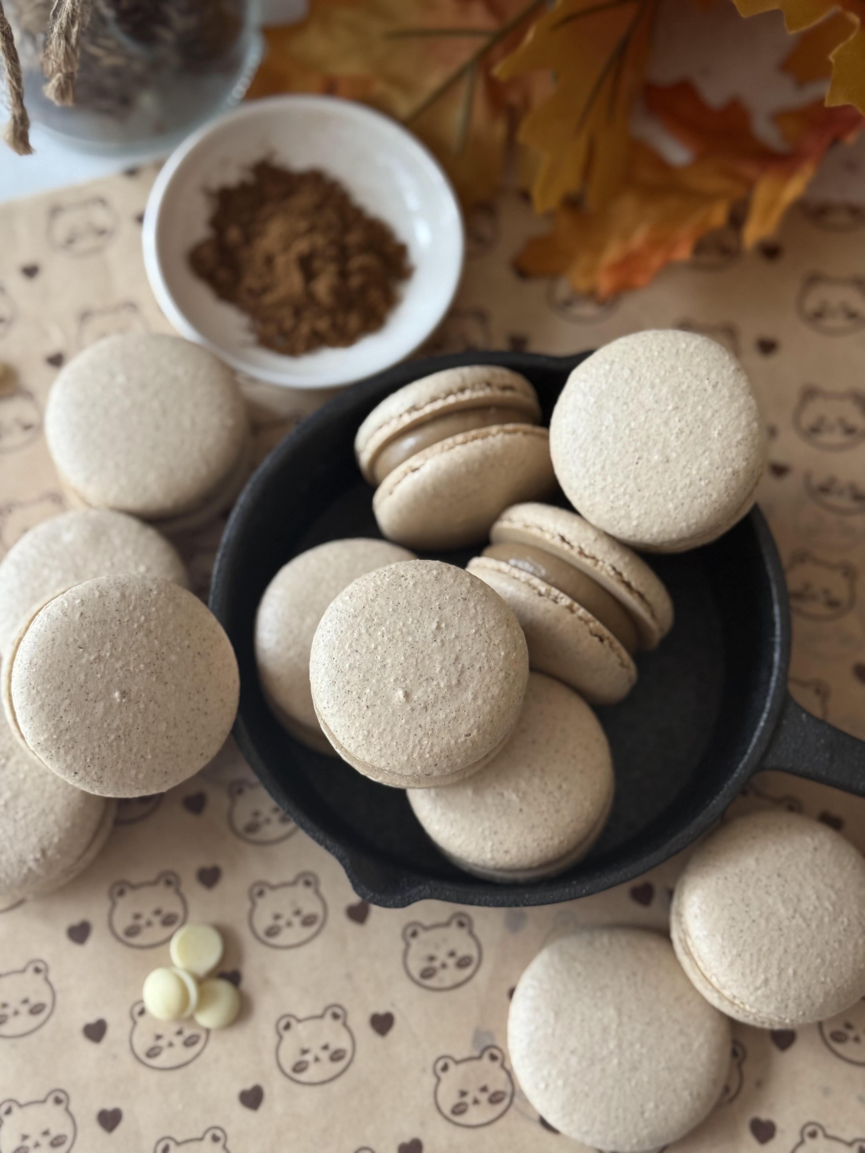 five spice powder macarons with salted caramel white chocolate ganache