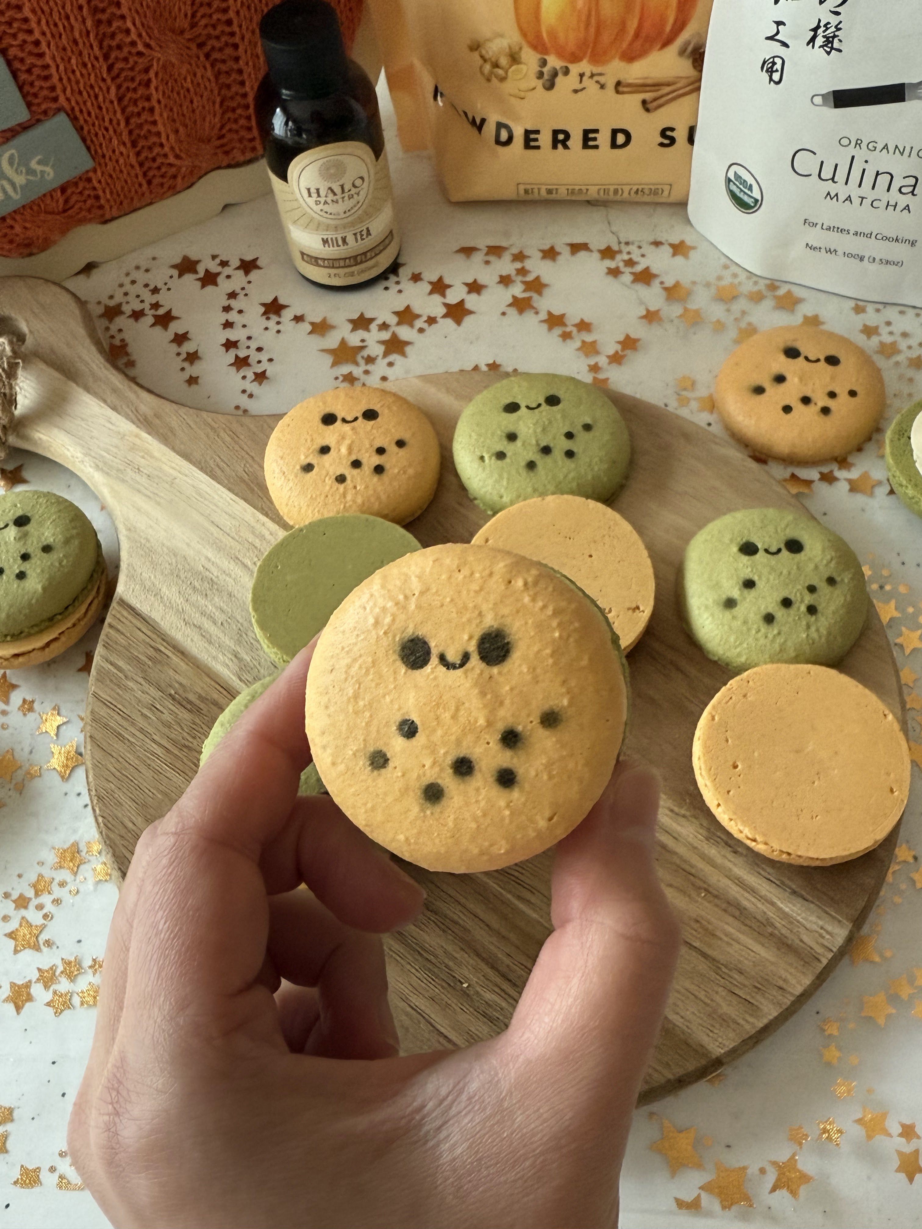 Matcha Pumpkin Milk Tea Macarons (Milk Tea Russian Buttercream with Condensed Milk)