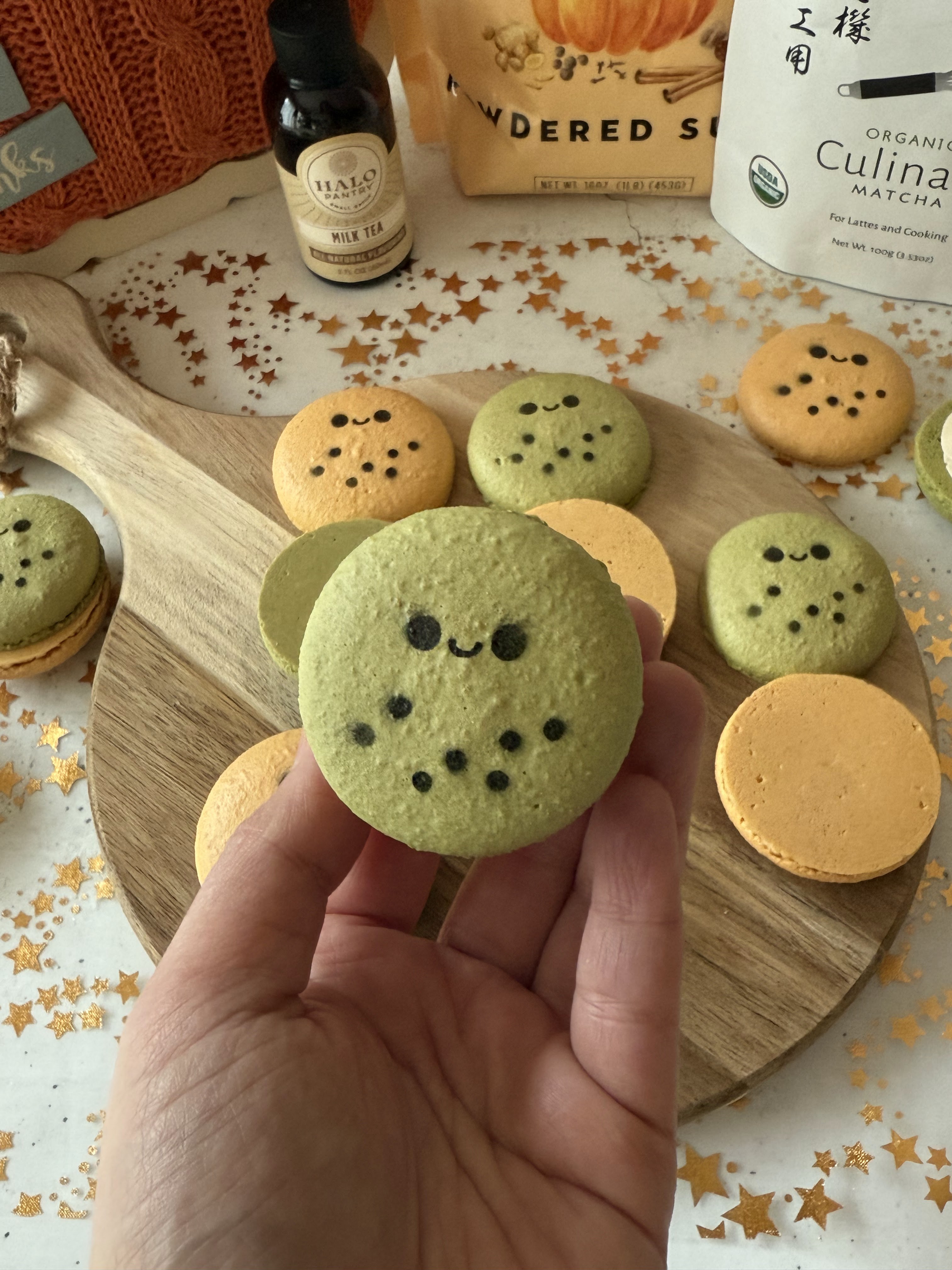 Matcha Pumpkin Milk Tea Macarons (Milk Tea Russian Buttercream with Condensed Milk)