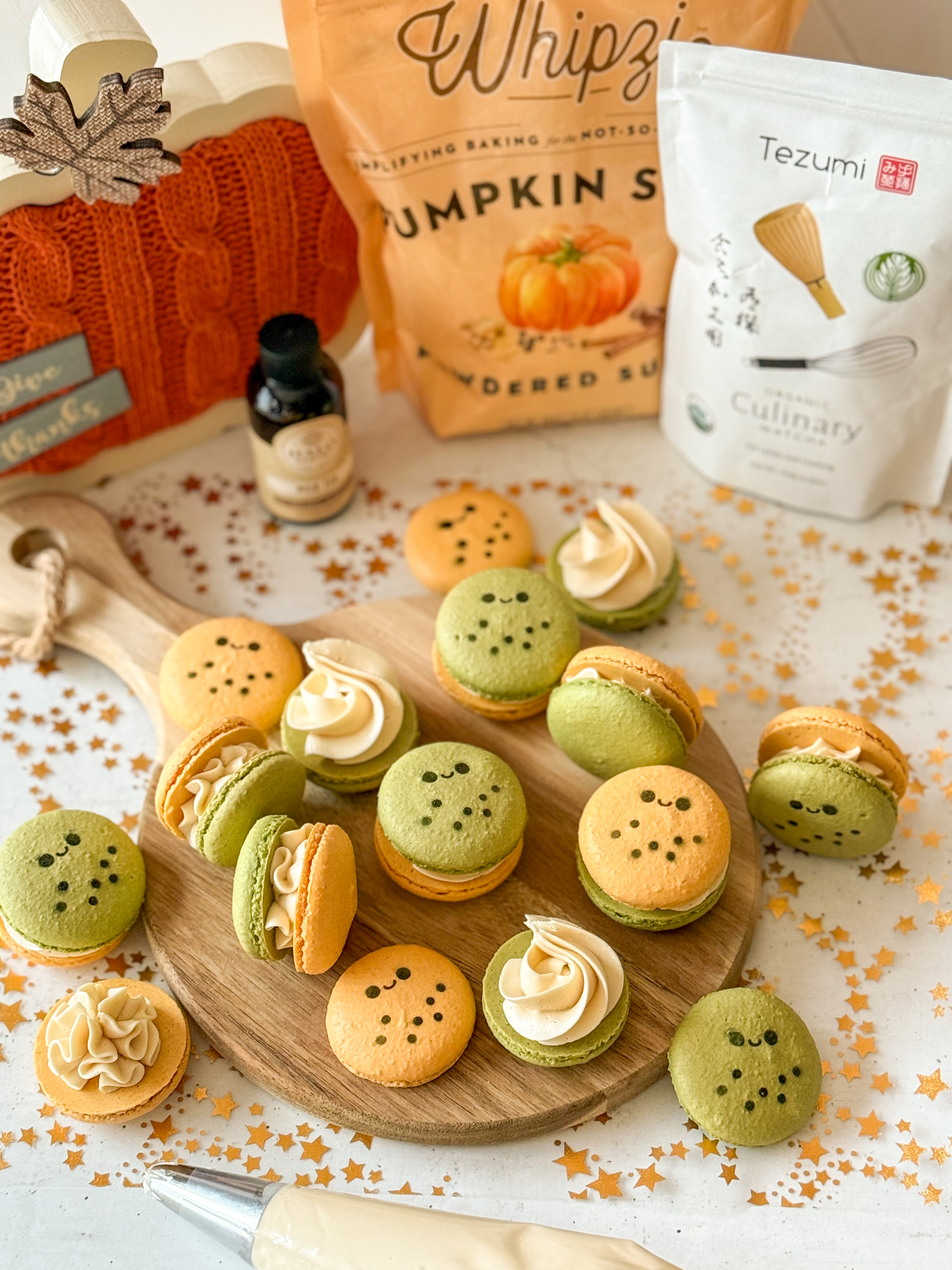 Matcha Pumpkin Milk Tea Macarons (Milk Tea Russian Buttercream with Condensed Milk)