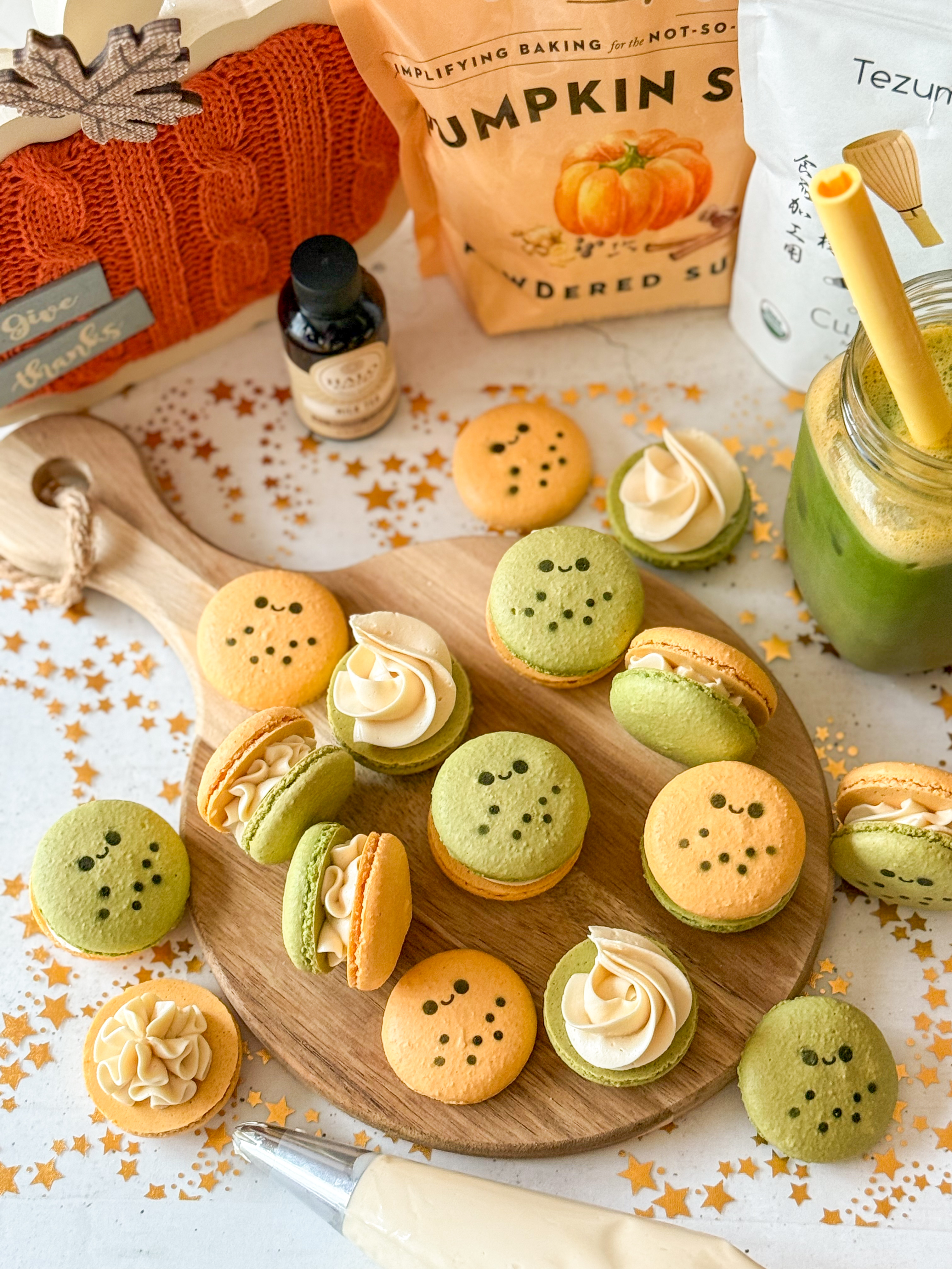 Matcha Pumpkin Milk Tea Macarons (Milk Tea Russian Buttercream with Condensed Milk)