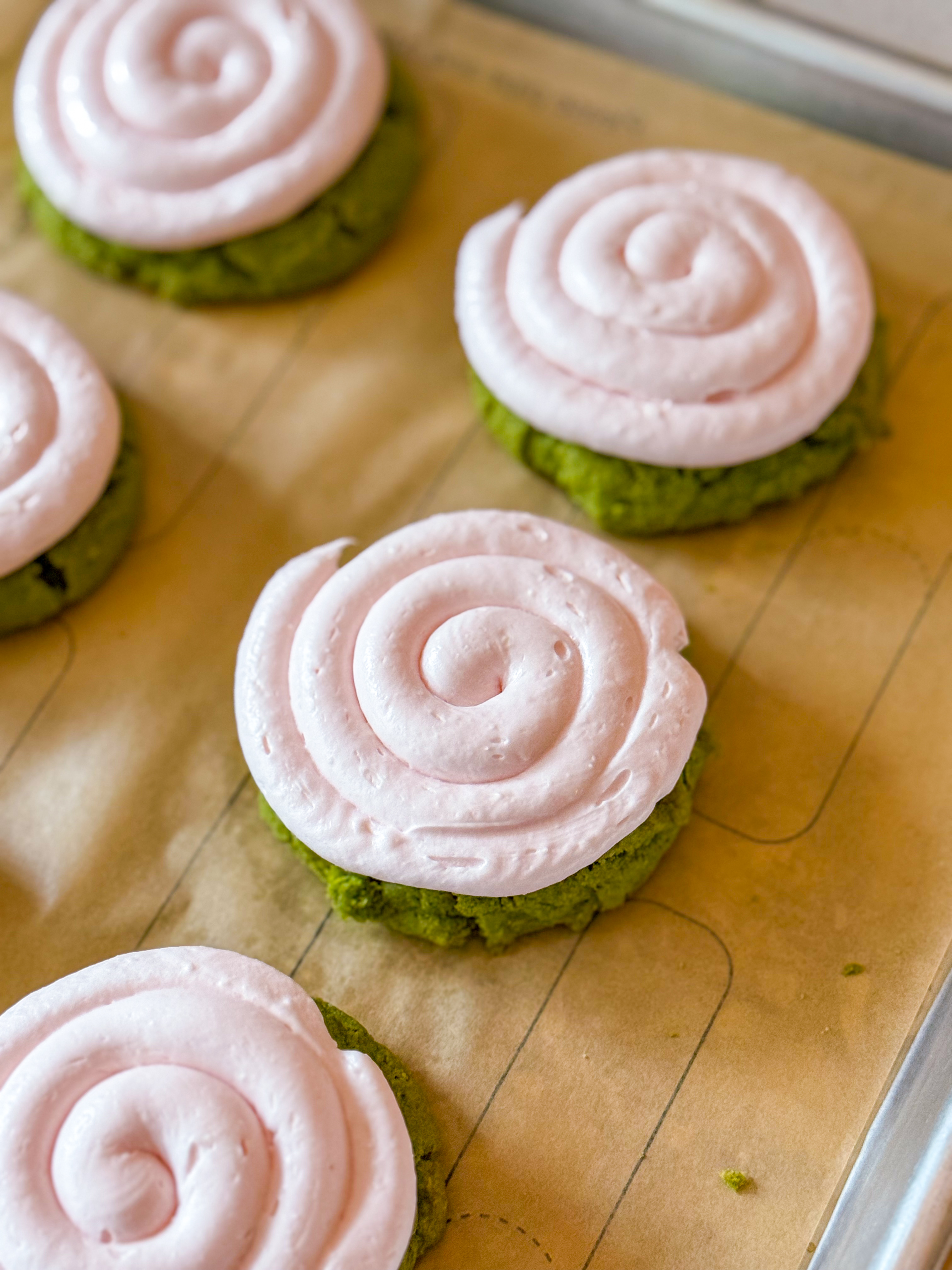 Gluten Free Matcha Latte Cookies with strawberry cream cheese frosting