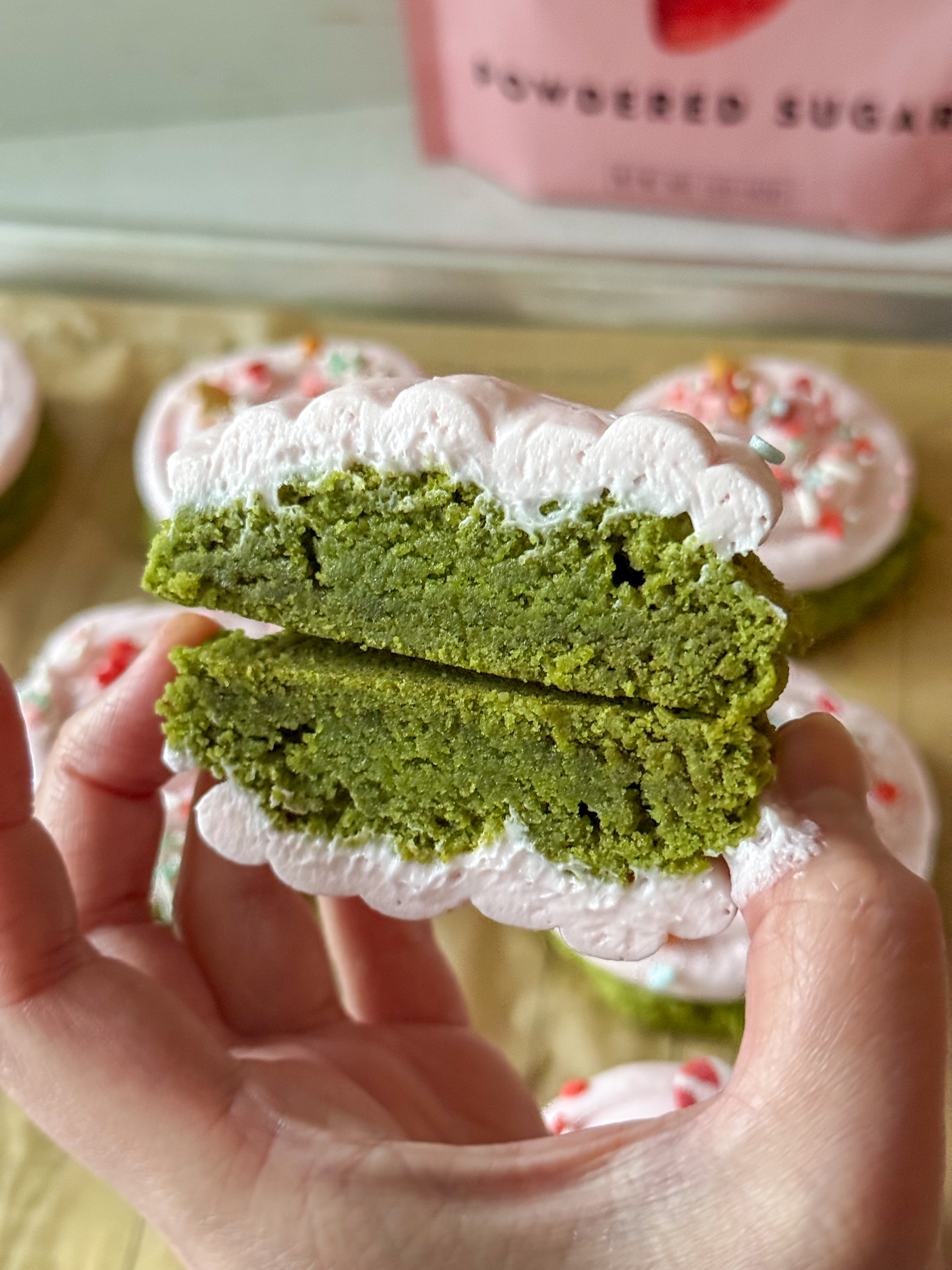 Gluten Free Matcha Latte Cookies with strawberry cream cheese frosting