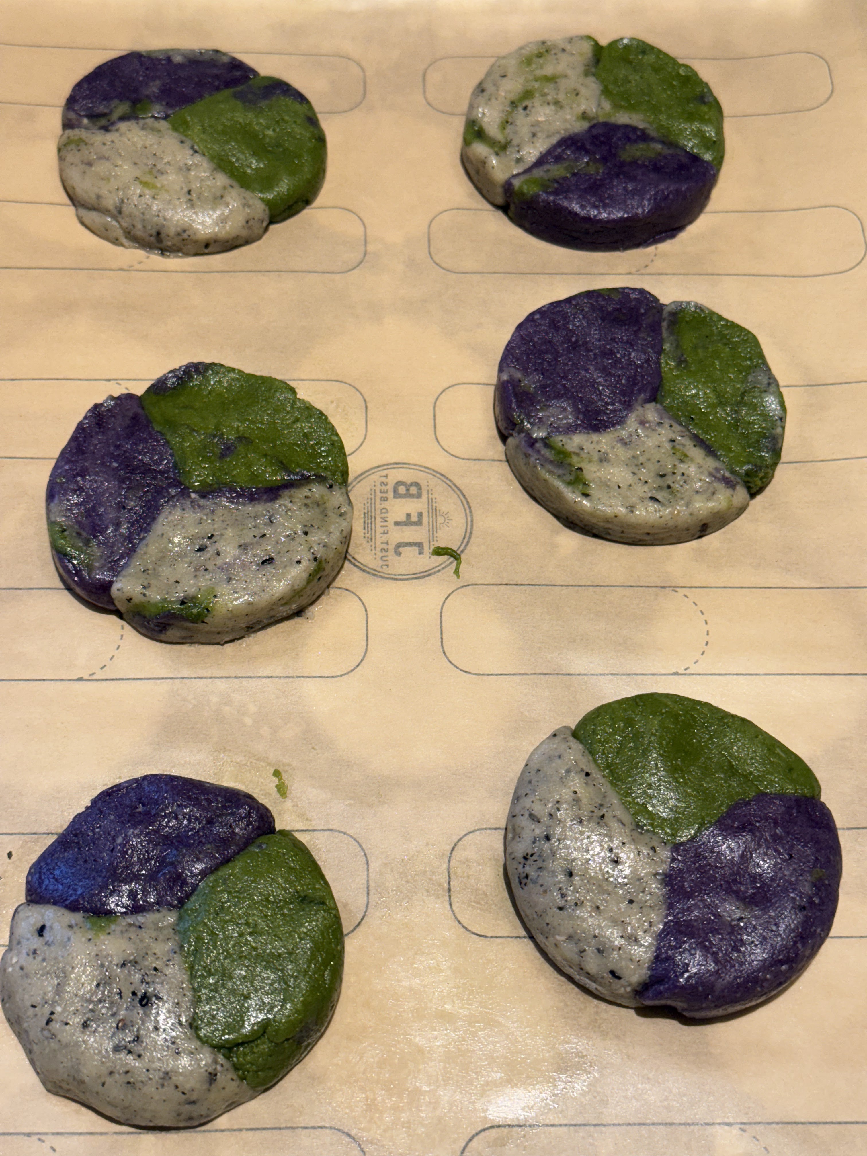 Black sesame, matcha, purple sweet potato marble cookies