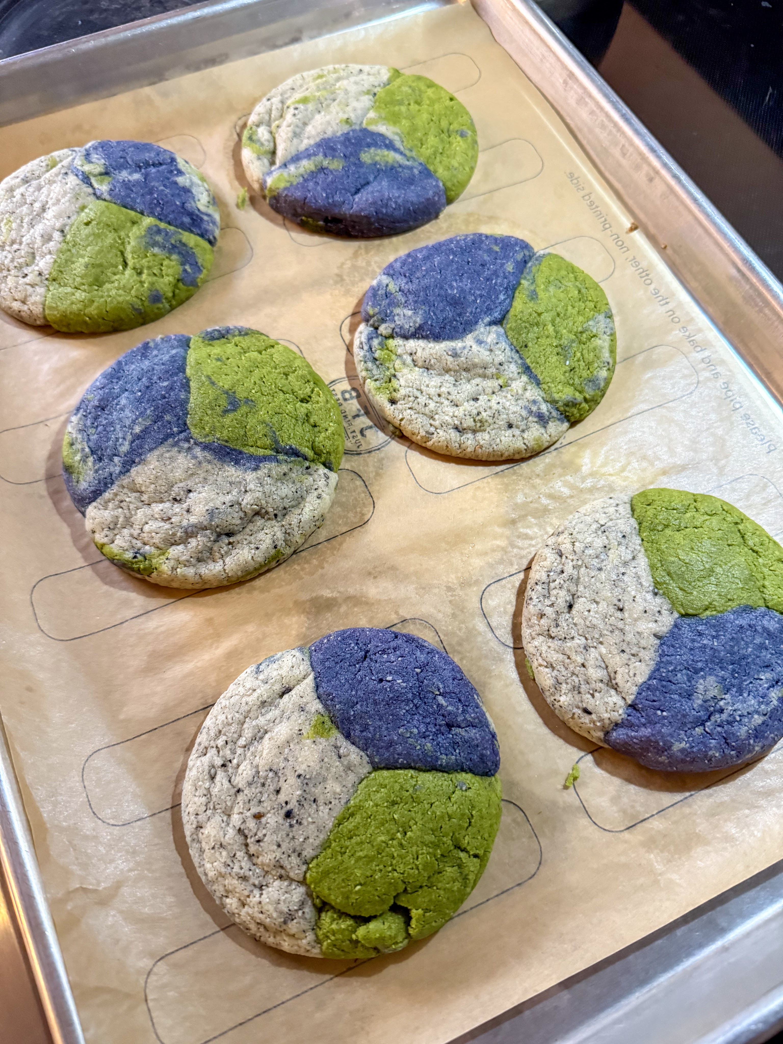 Black sesame, matcha, purple sweet potato marble cookies