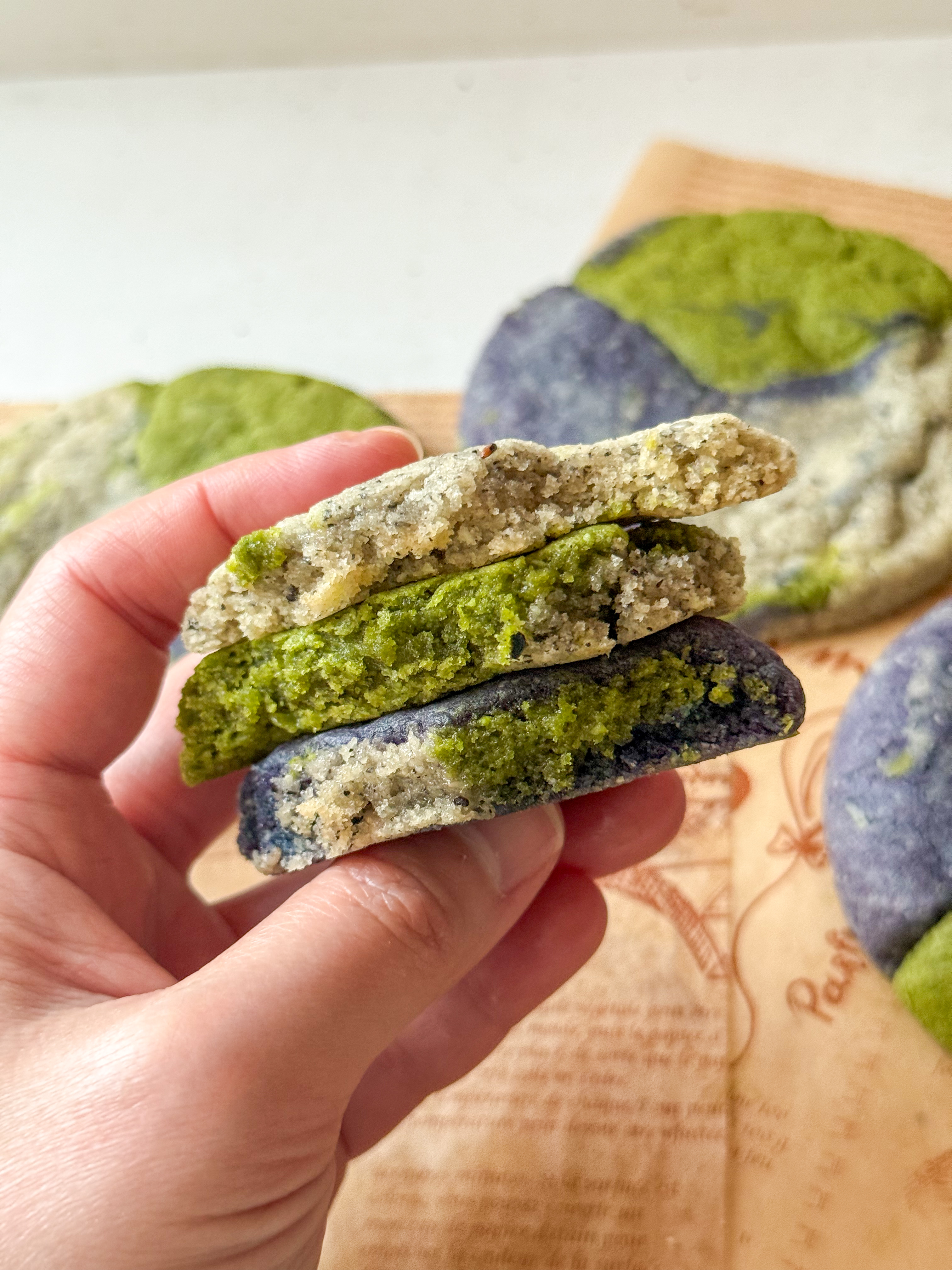 Black sesame, matcha, purple sweet potato marble cookies