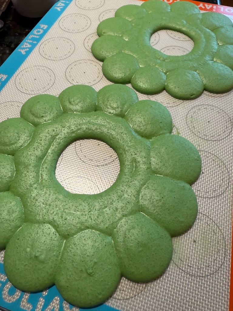 Matcha wreath macaron shells