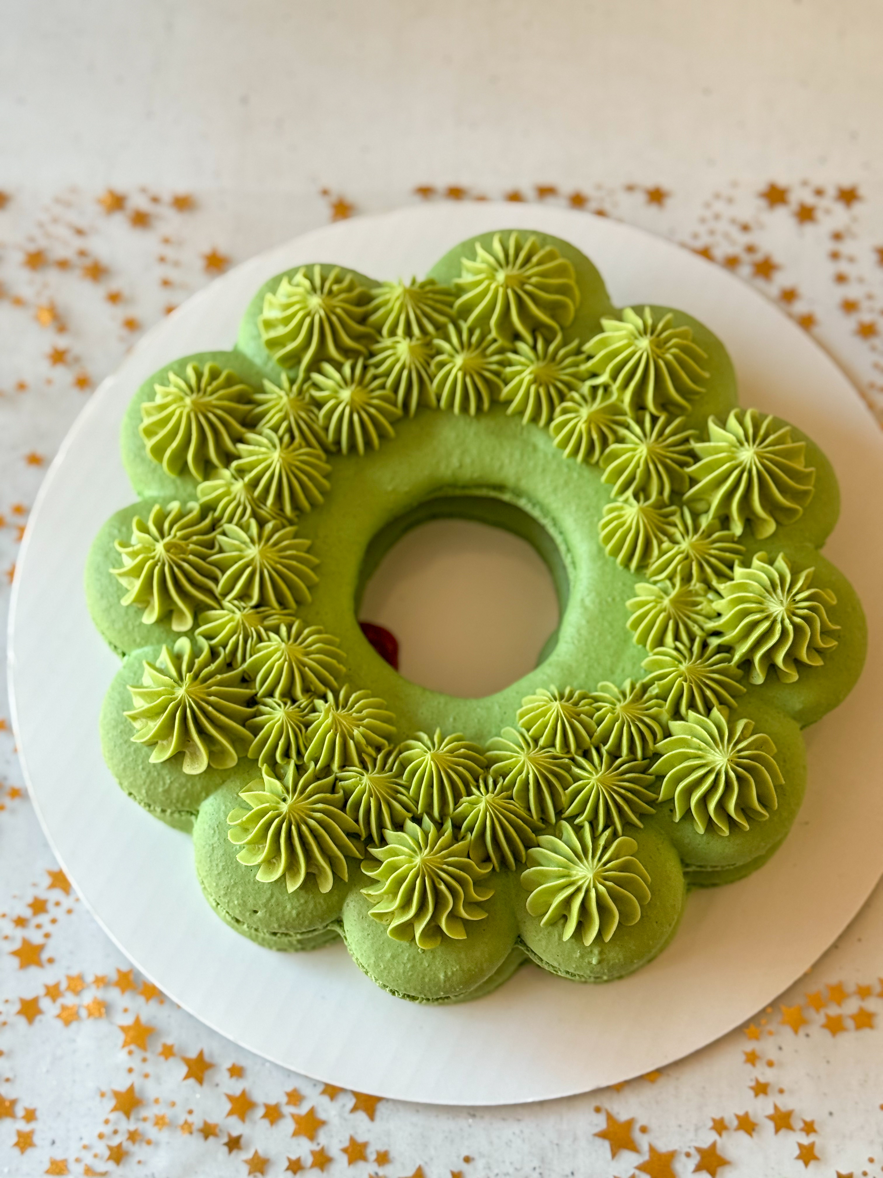 Matcha wreath macaron shells