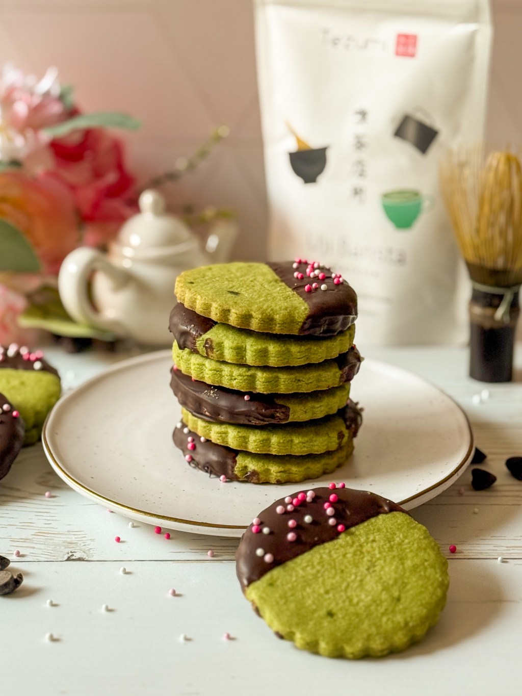 Dark Chocolate Dipped Gluten Free Matcha Shortbread&nbsp;Cookies