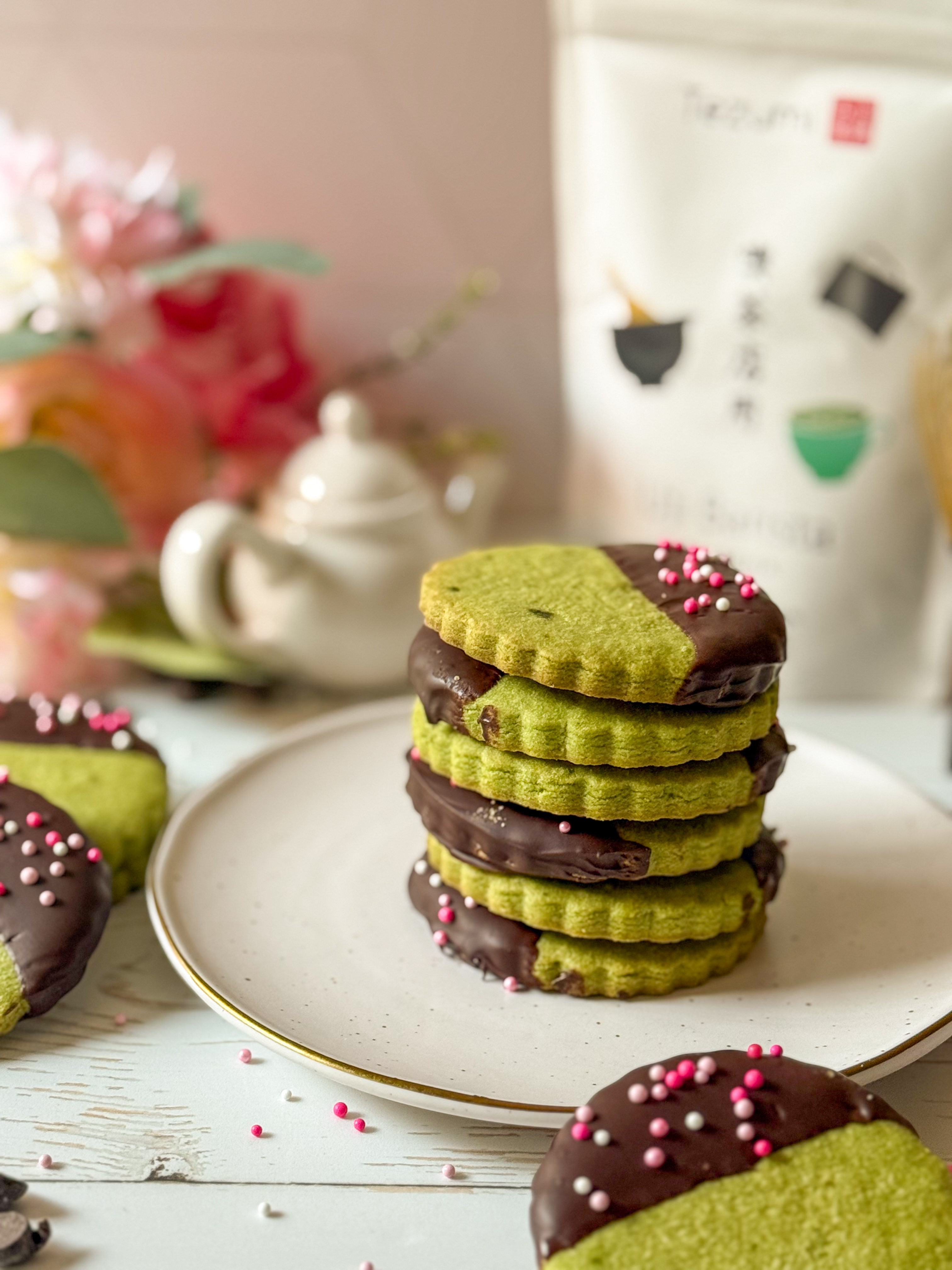 Dark Chocolate Dipped Gluten Free Matcha Shortbread Cookies