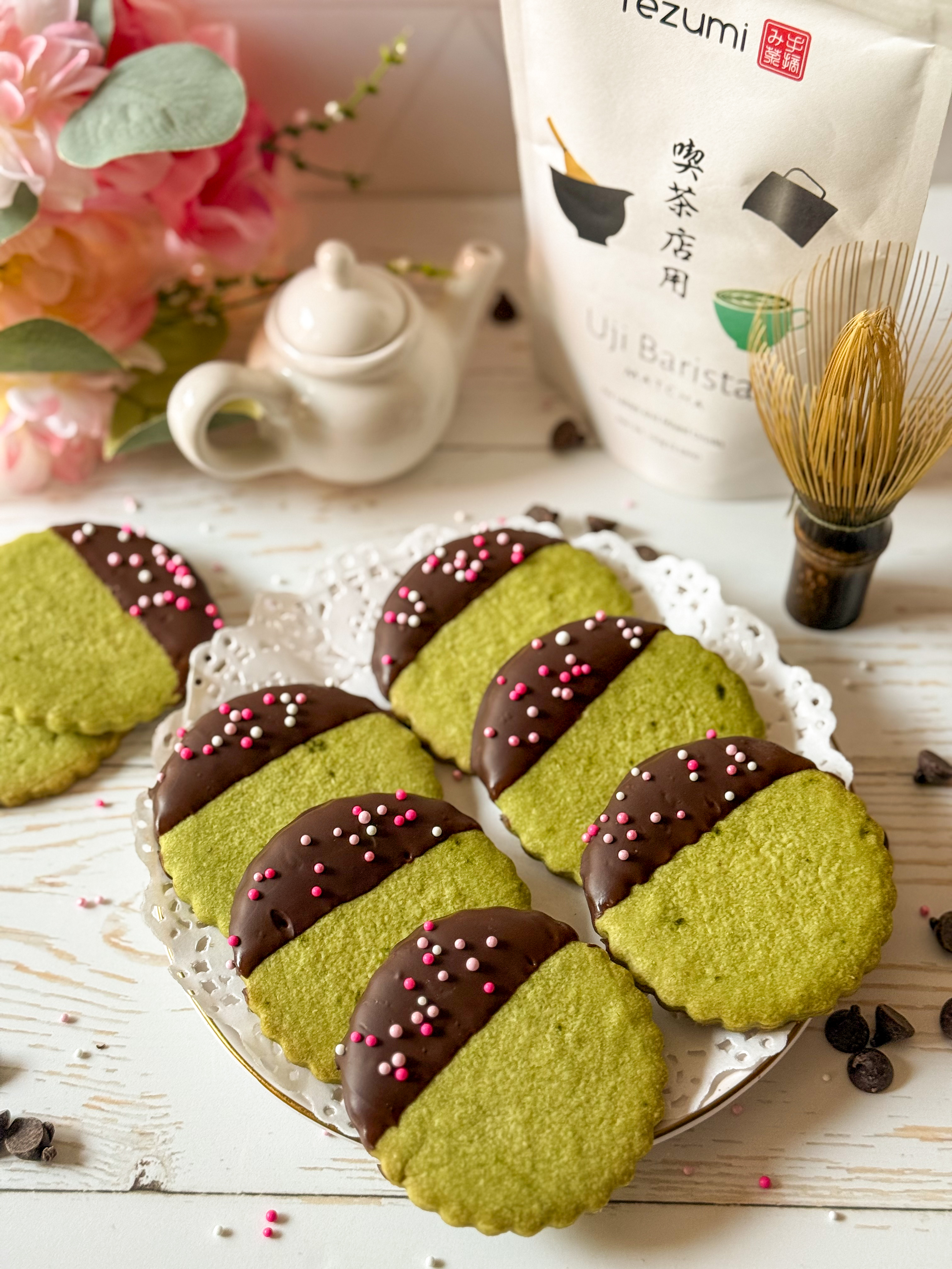 Dark Chocolate Dipped Gluten Free Matcha Shortbread Cookies