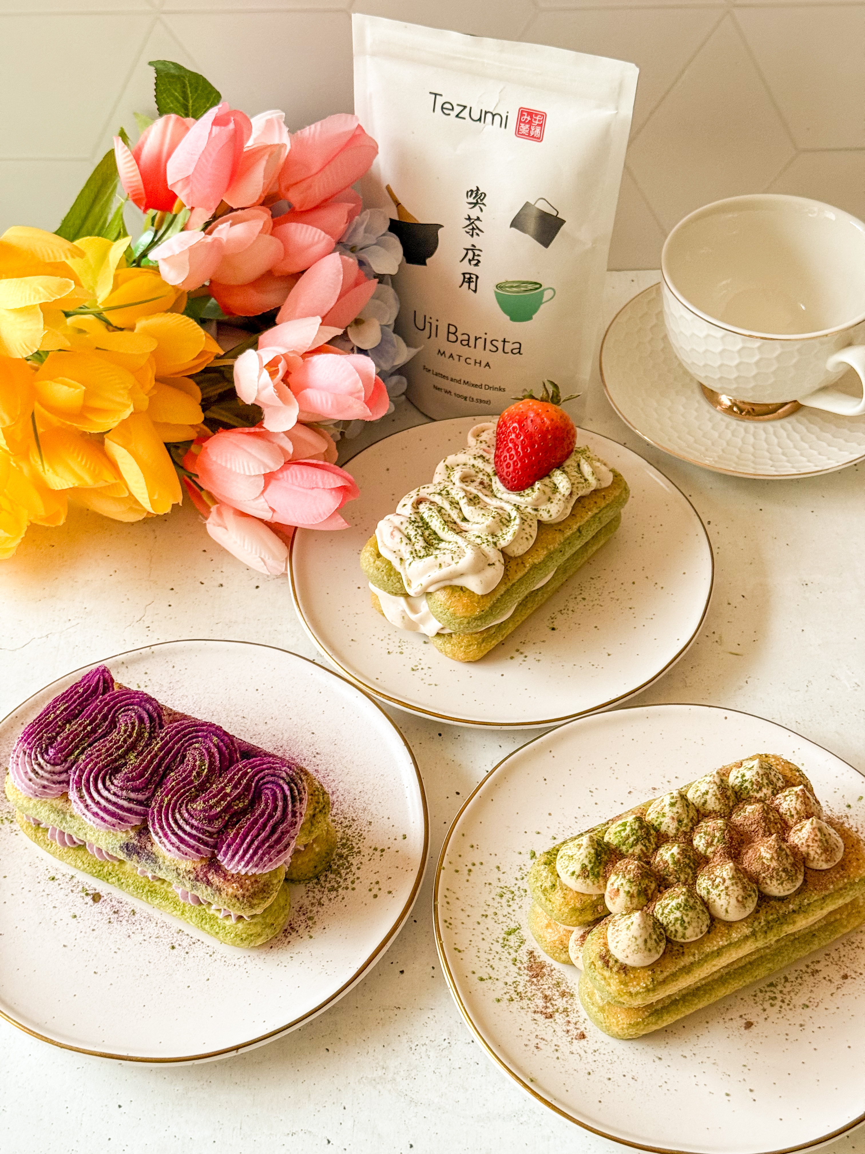 Vietnamese Coffee Matcha Tiramisu, Ube Matcha Tiramisu, Strawberry Matcha Tiramisu