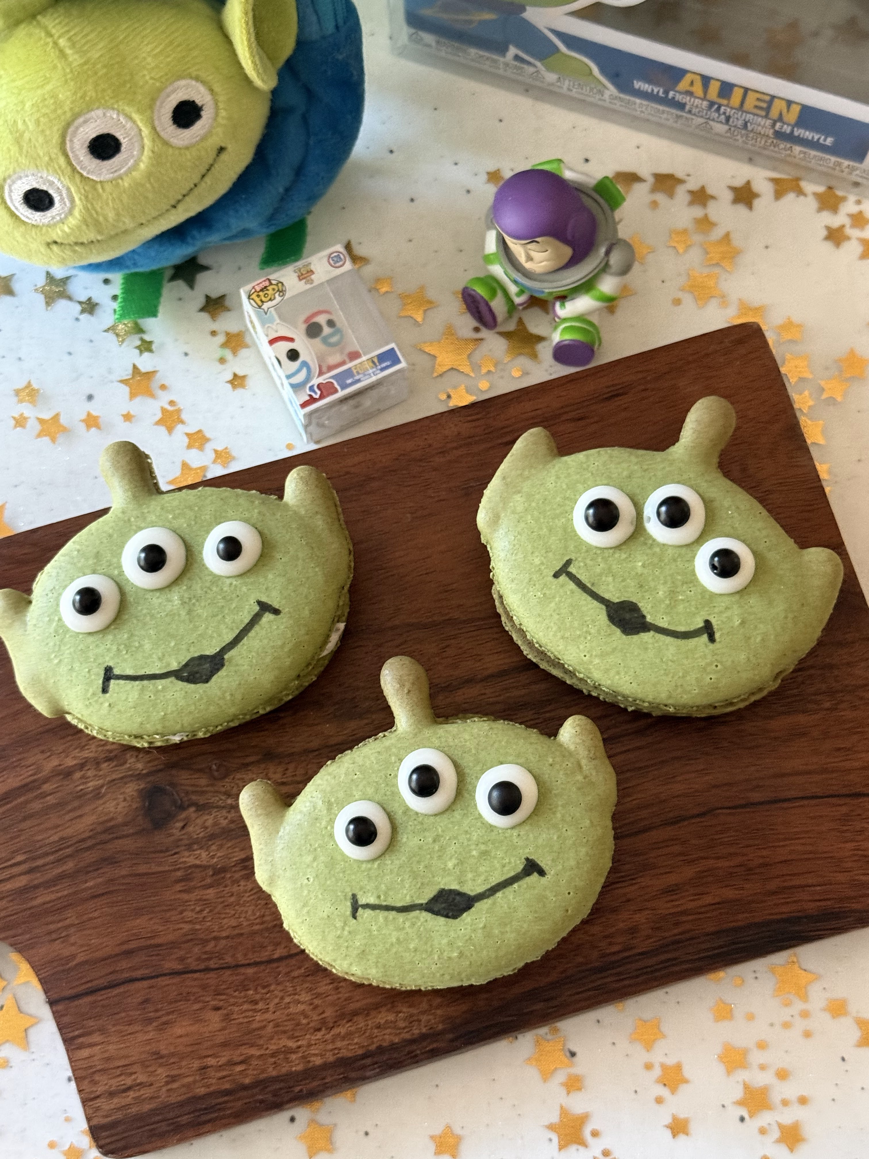 Toy Story Alien matcha macarons with Oreo buttercream