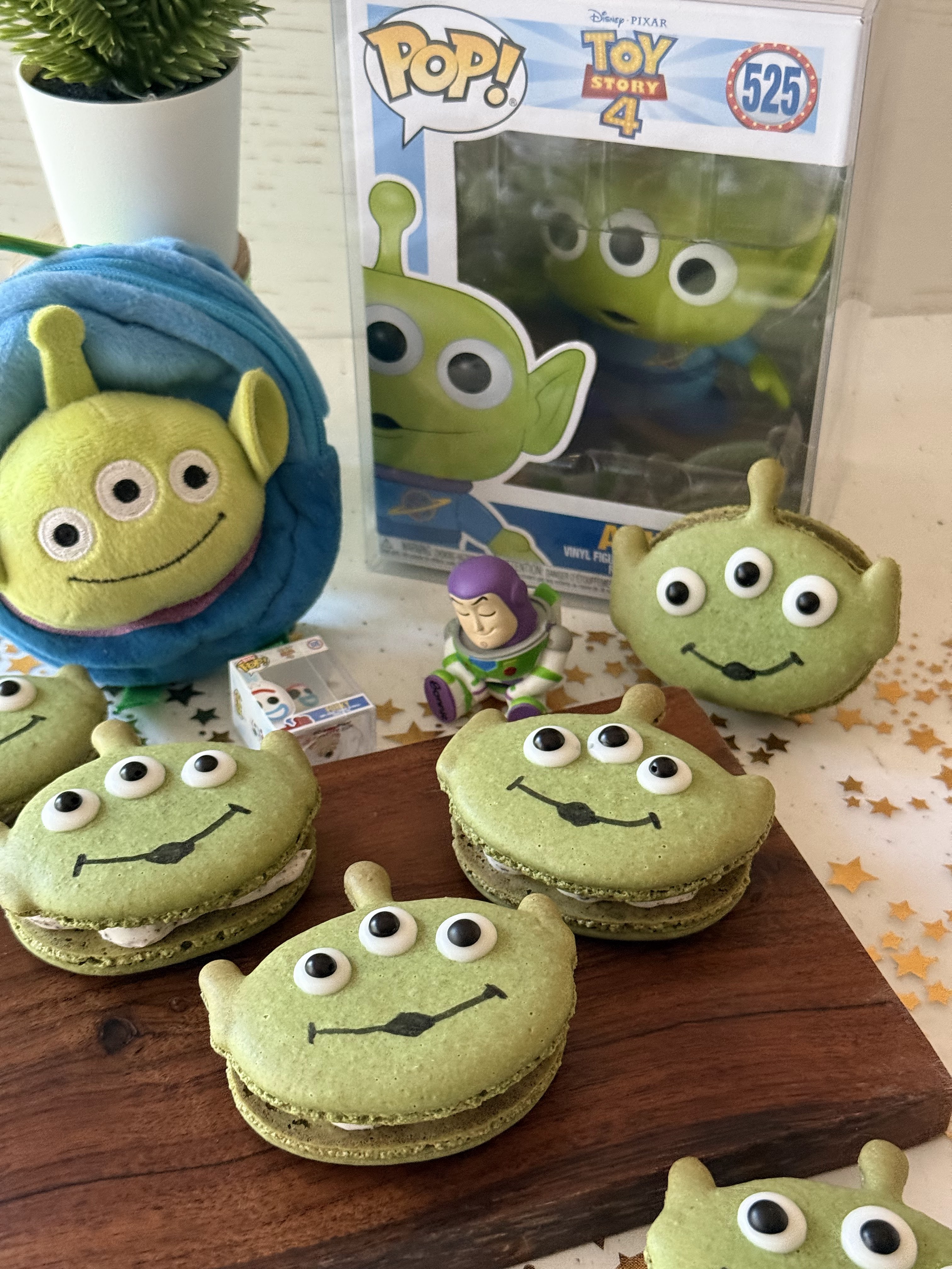 Toy Story Alien matcha macarons with Oreo buttercream